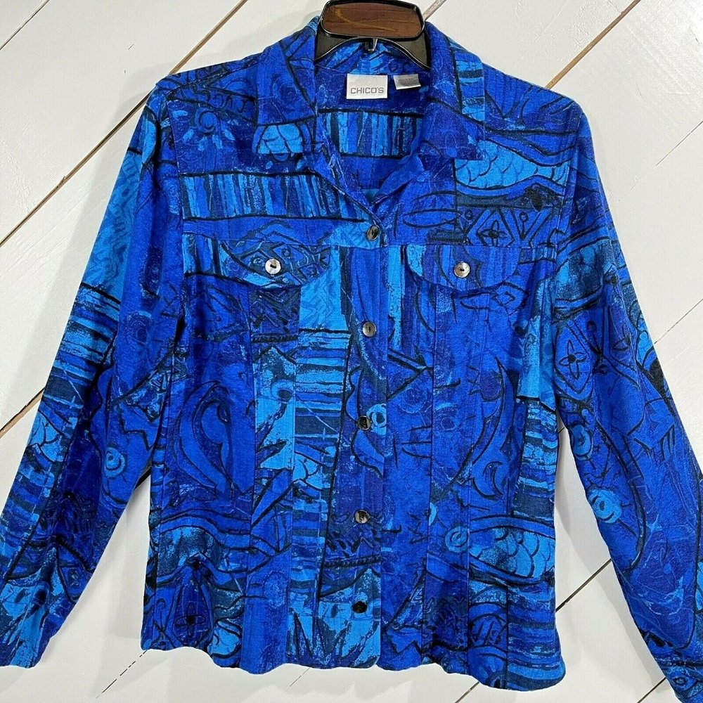 Chico's Women's Button Up Shirt Jacket Size 0 Small Royal Blue Black Soft Rayon